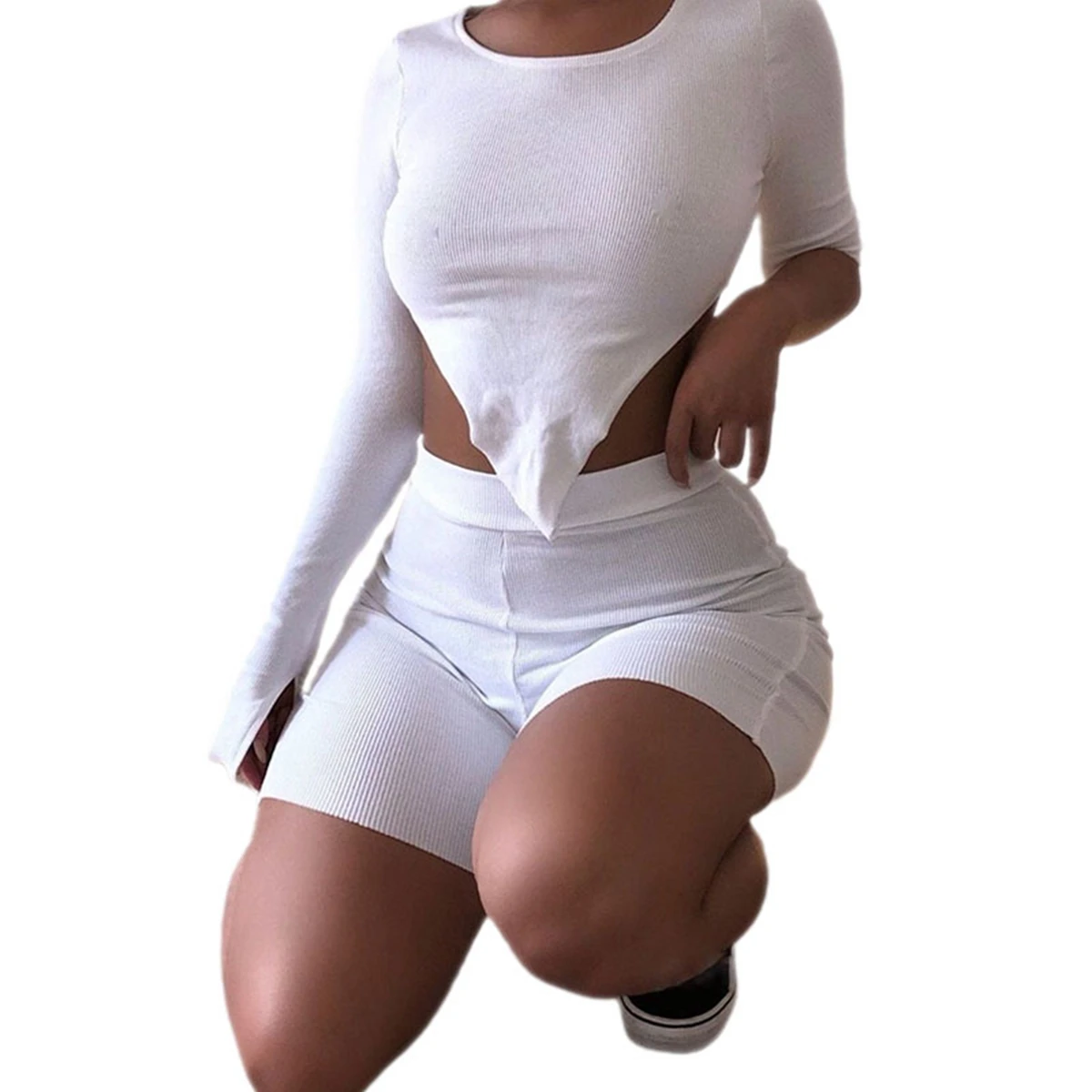 

Women's Cropped Shirt High-Waist Shorts Knitting Wrapped Chest Dissymmetry Sleeve Top Casual Elastic Sports Pants