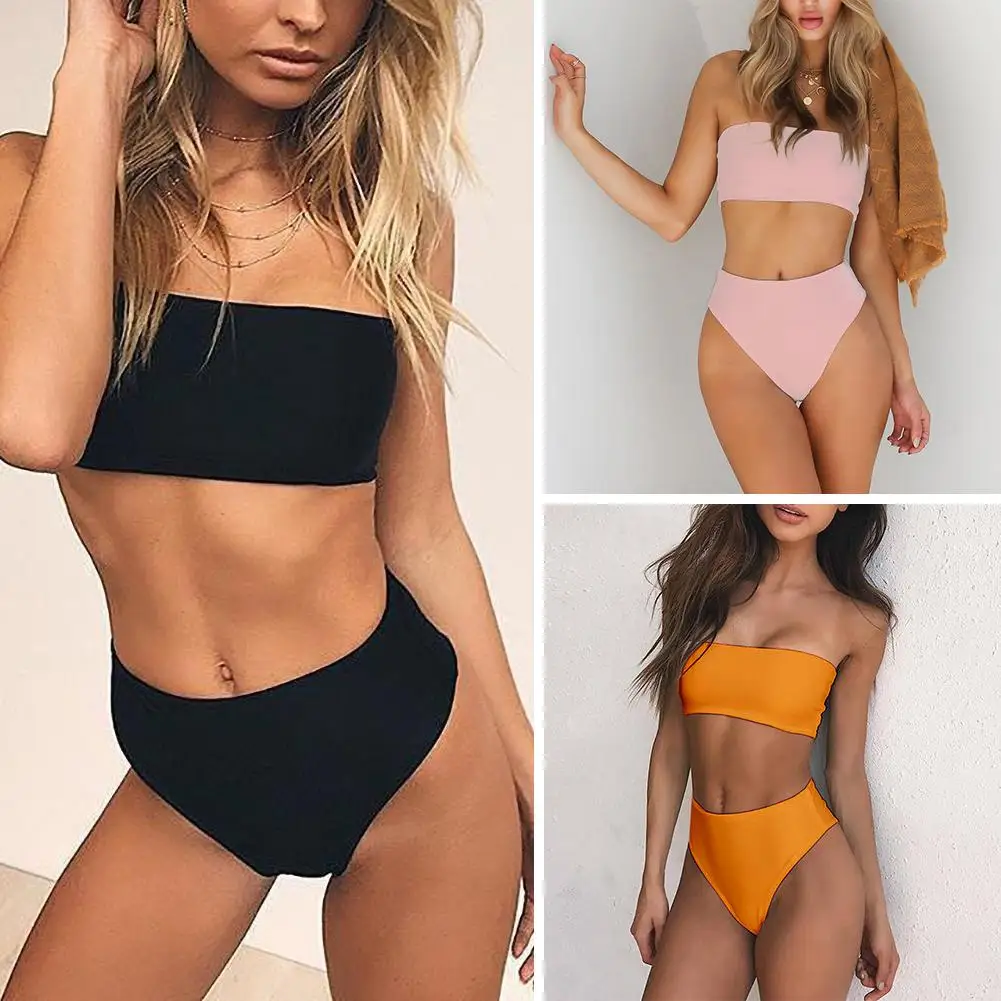 

Sexy Women Solid Color Tube Top Bandeau High Waist Panties Set Bikini Swimwear