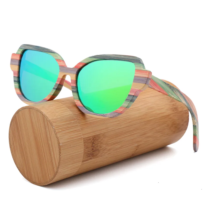 green - bamboo box Высококачественные модные женские поляризованные солнцезащитные очки с кошачьими глазами для женщин цветные деревянные солнцезащитные очки ручной работы с деревянной коробкой для очков - Цвет линз: green - bamboo box