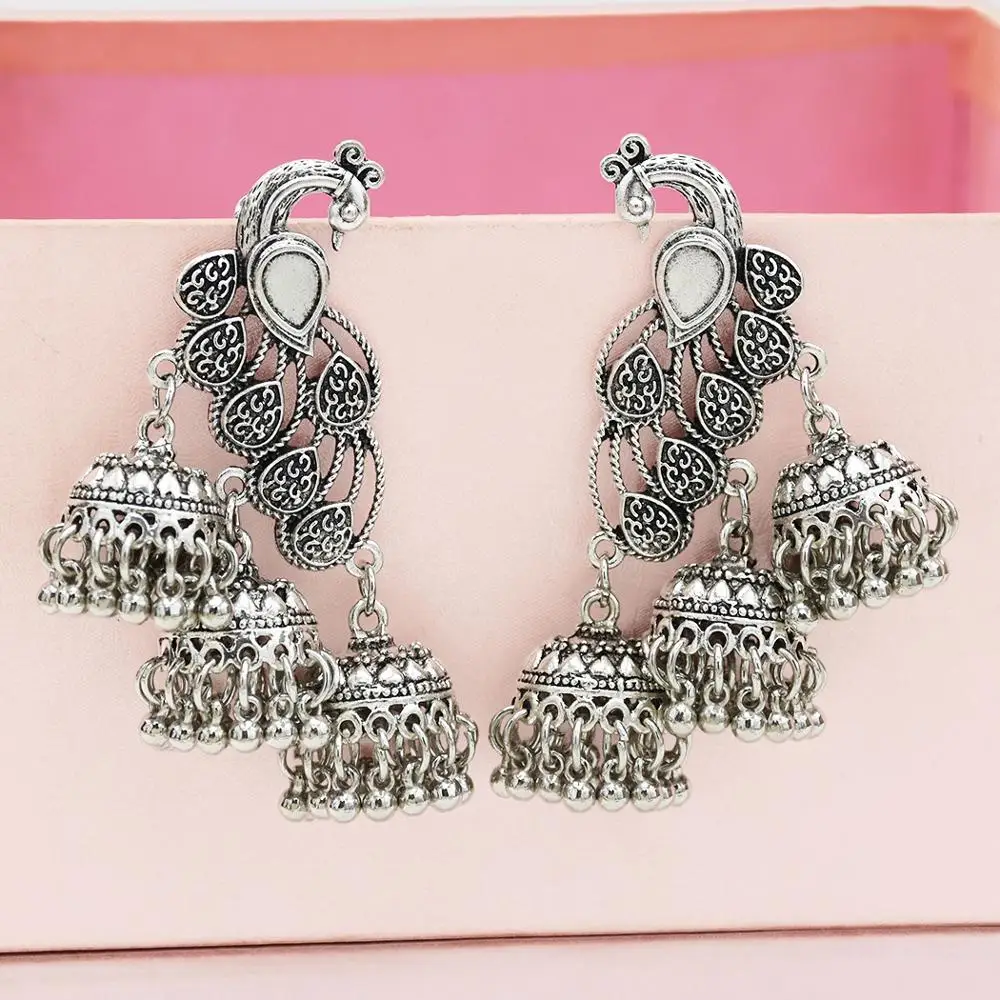 

Ethnic Women's Color Peacock Indian Jewelry Gypsy Vintage Ethnic Boho Tribe Bell Tassel Drop Earrings Jhumka Earrings Jewelry