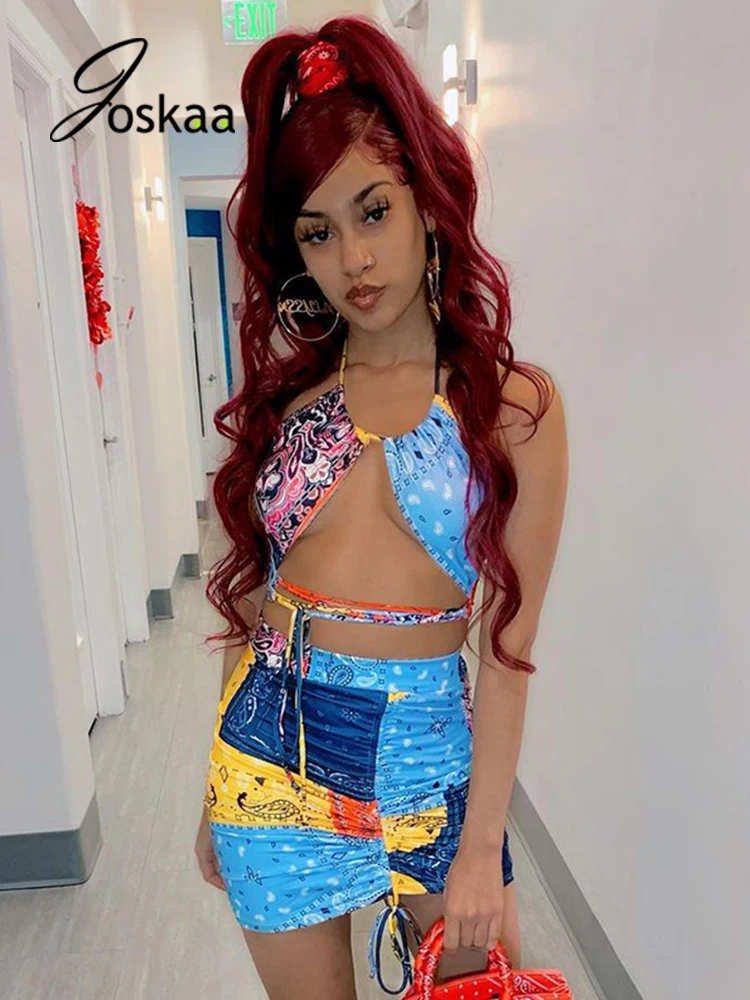 

Joskaa Backless Halter Neck Banadana Printed Ruched Crop Top Mini Ruched Skirt Two Pieces Set Summer Bandage Outwear Clothing