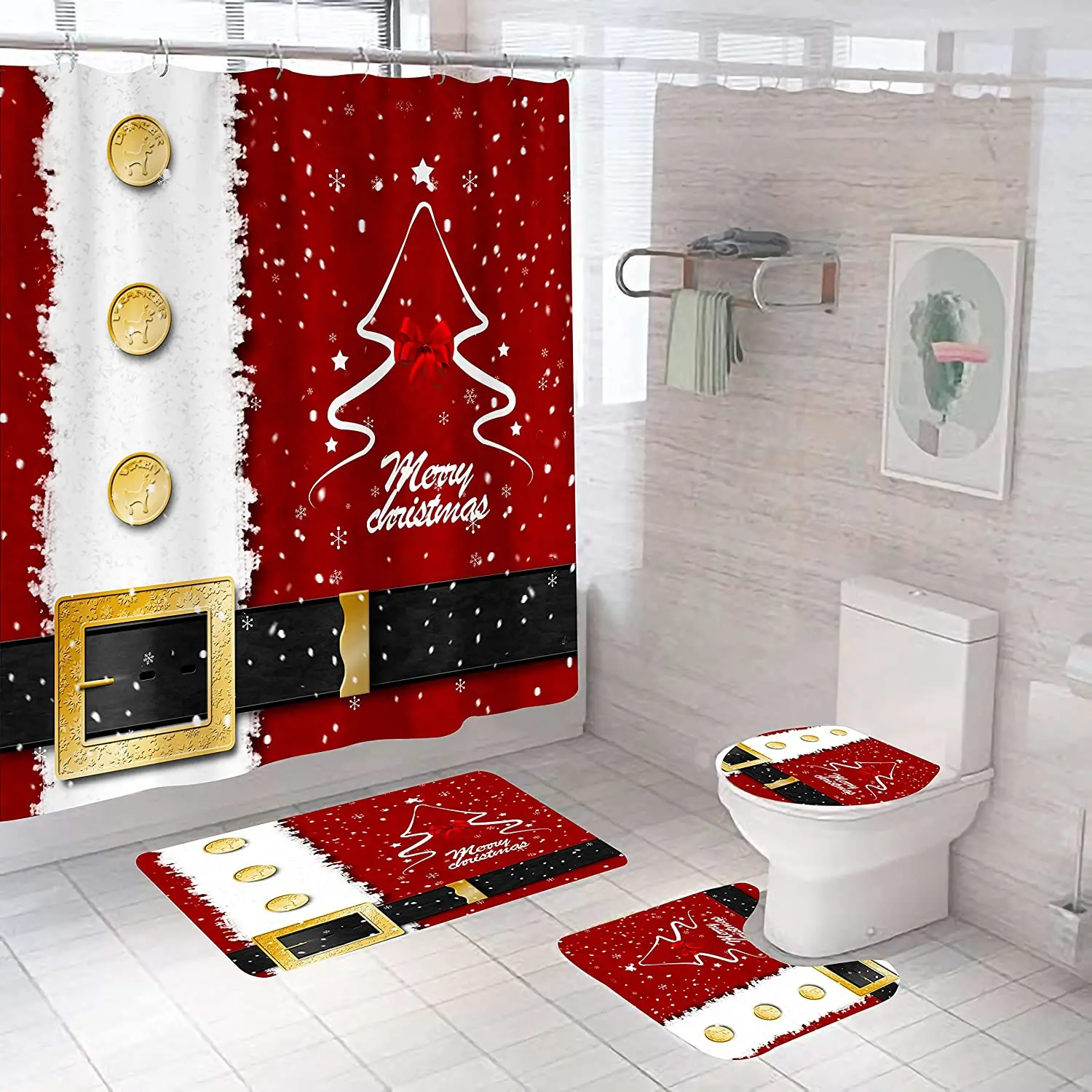 

Набор рождественских занавесок для душа, накидка на ковер, чехол для унитаза, коврик для ванной, наволочка, занавеска для ванной комнаты, для...