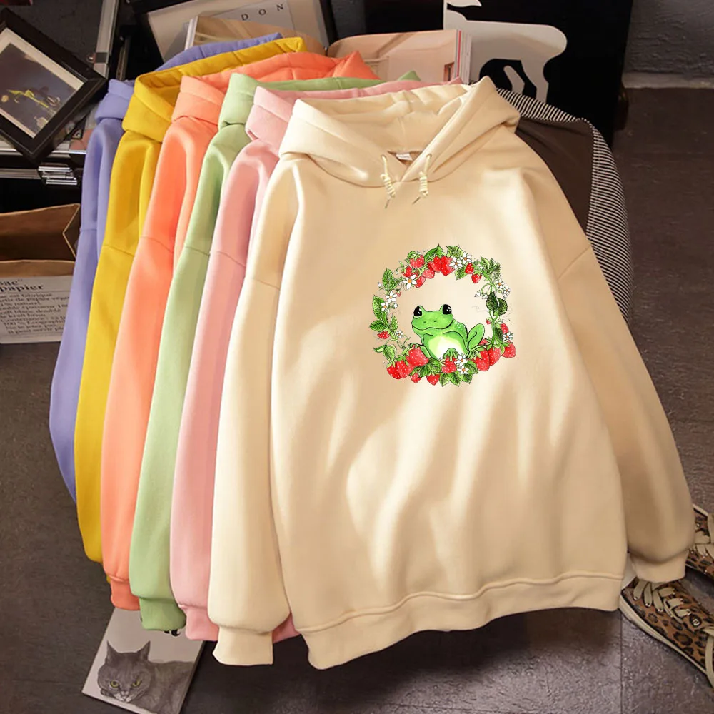 Sweetshirt Vintage Long Sleeve Sweatshirt Autumn Oversized Drawstring Hoodies Unisex Retro Graphic Strawberry Frog Print Hoodies