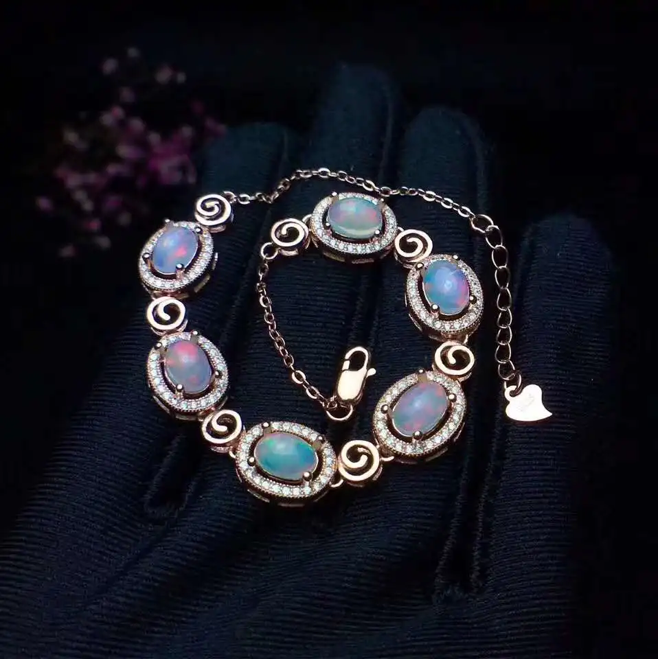 Натуральный опал браслет твердый S925 стерлингового серебра для женщин Цвет