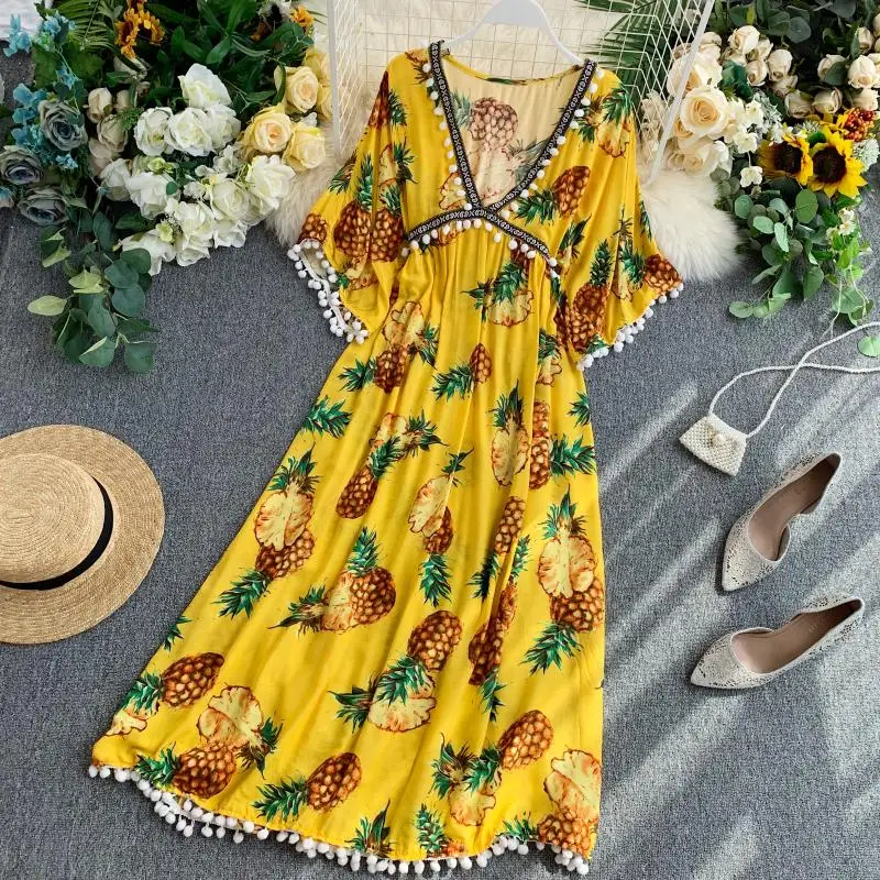 new fashion women's dresses Beach holiday beach feminine V-neck pineapple print decorative dress