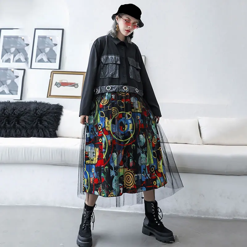 XITAO Mesh Sequin Dress Women Fashion New 2019 Autumn Elegant Turn Down Collar Patchwork Casual Style Loose GCC2084 | Женская одежда