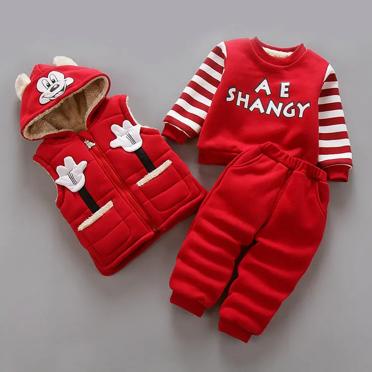 Children clothing sets baby boy and girls winter fashion cartoon mickey thicking Plus velvet hooded warm 3 pcs casual sport suit | Детская
