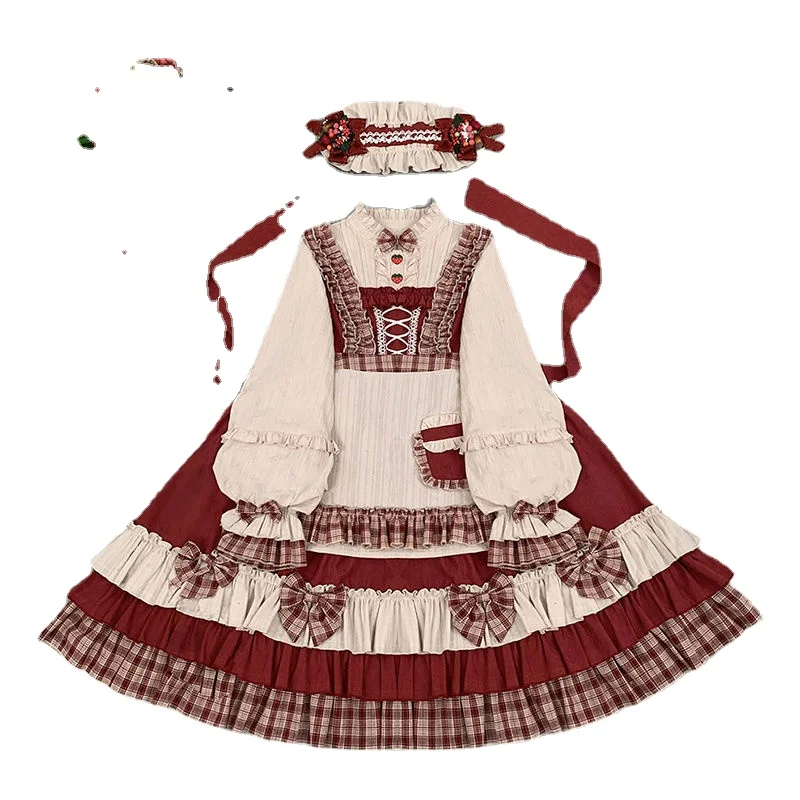 

Japanese Harajuku Sweet Lolita OP Dress Girly Cute Berry Forest Bowknot Princess Dress Women Red Hooded Cloak Tea Party Dresses