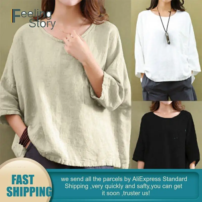 Женская хлопковая льняная блузка размера плюс 5X Повседневная Туника с рукавом