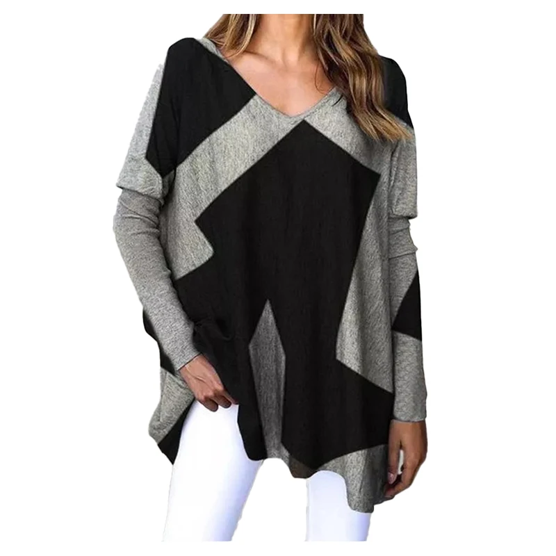 

Loose Casual T-shirt Geometric Stripe Contrast Color V-neck Shirt Spring Autumn Retro Pullover Plus Size Women's Long Sleeve Top