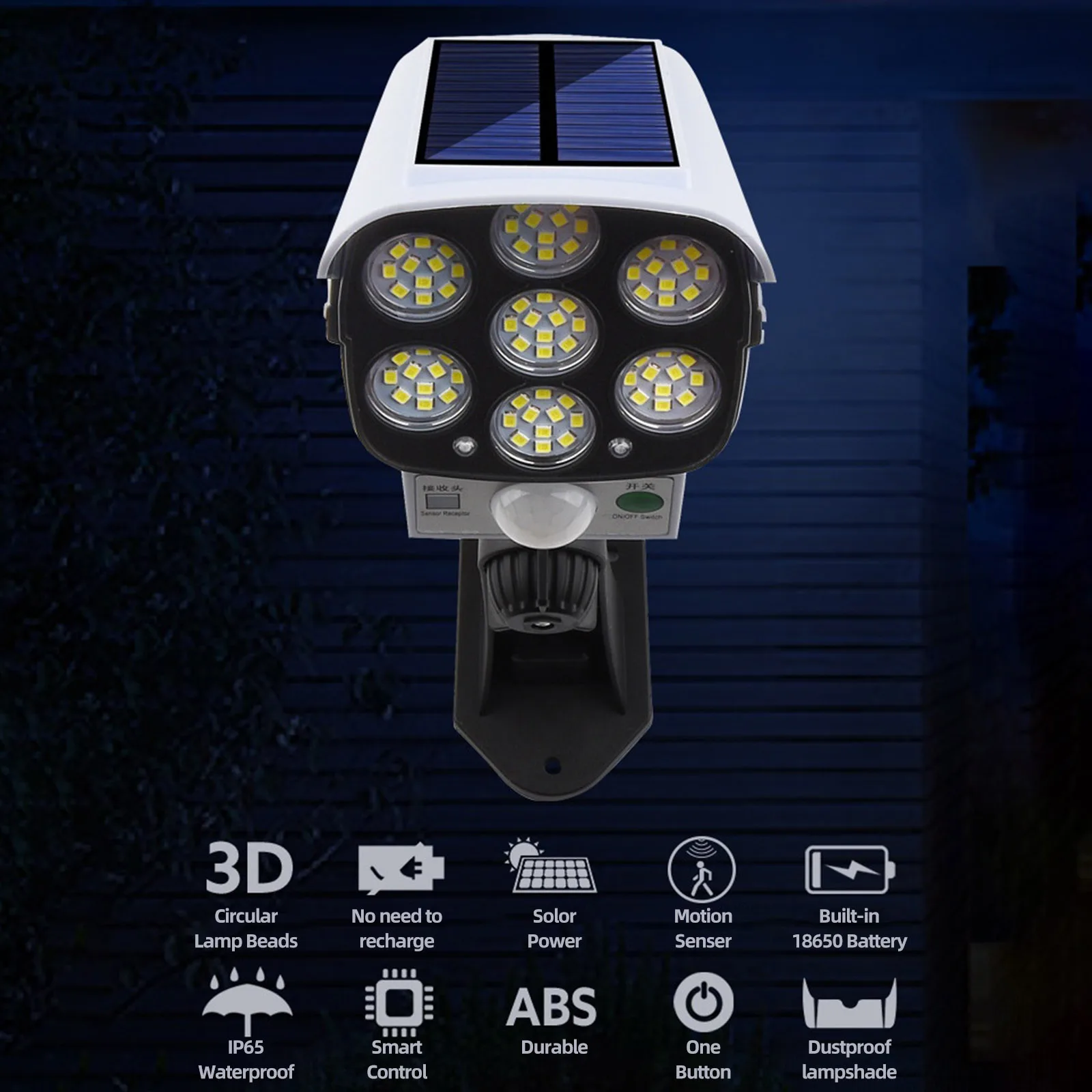 

LED Solar Lights Outdoor Motion Sensor Fake Surveillance Camera Light 2000 Lumen 77LED Rotatable Spotlight IP65 Waterproof