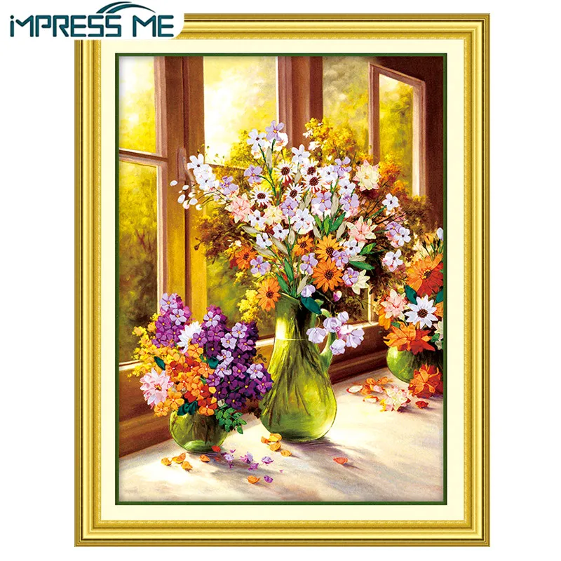 

IMPRESS ME Beautiful Vase Ribbon Embroidery Needlework Set DIY Handicraft Flower Ribbon Stamped Cross Stitch for Home Decor