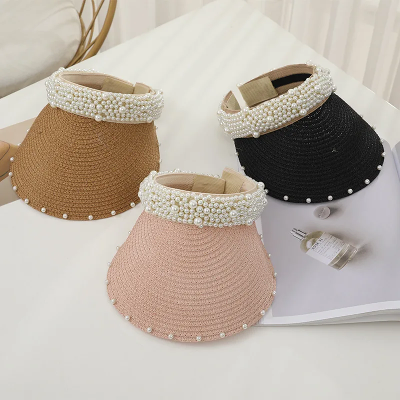 

Wholesale New Women Pearl Headband Hat Raffia Visor Caps For Girls Beach Hats Braided Fashion Cap Lady Summer Straw Sun Hat