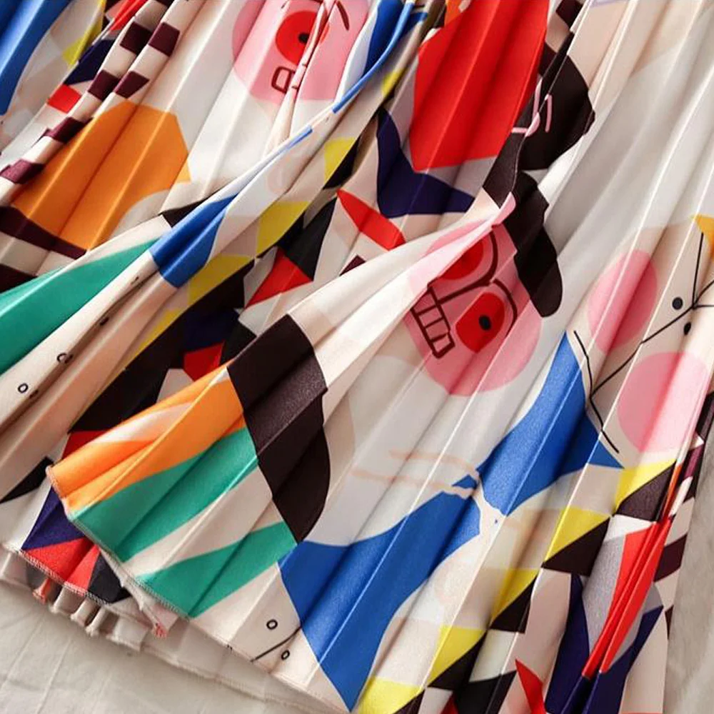 

Women Cartoon Pleated Skirt Summer High Waist Character Print Midi Skirt Ladies White Casual Falda Tableada