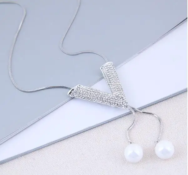 Металлическая цепочка Серебряная Стразы V-образная Подвеска Ожерелье женское