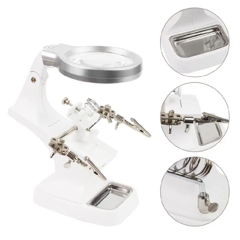 

Rotating Hand Soldering Stand Welding Tool With Magnifying Glass LED Light Alligator Clip Holder Clamp Multifunction
