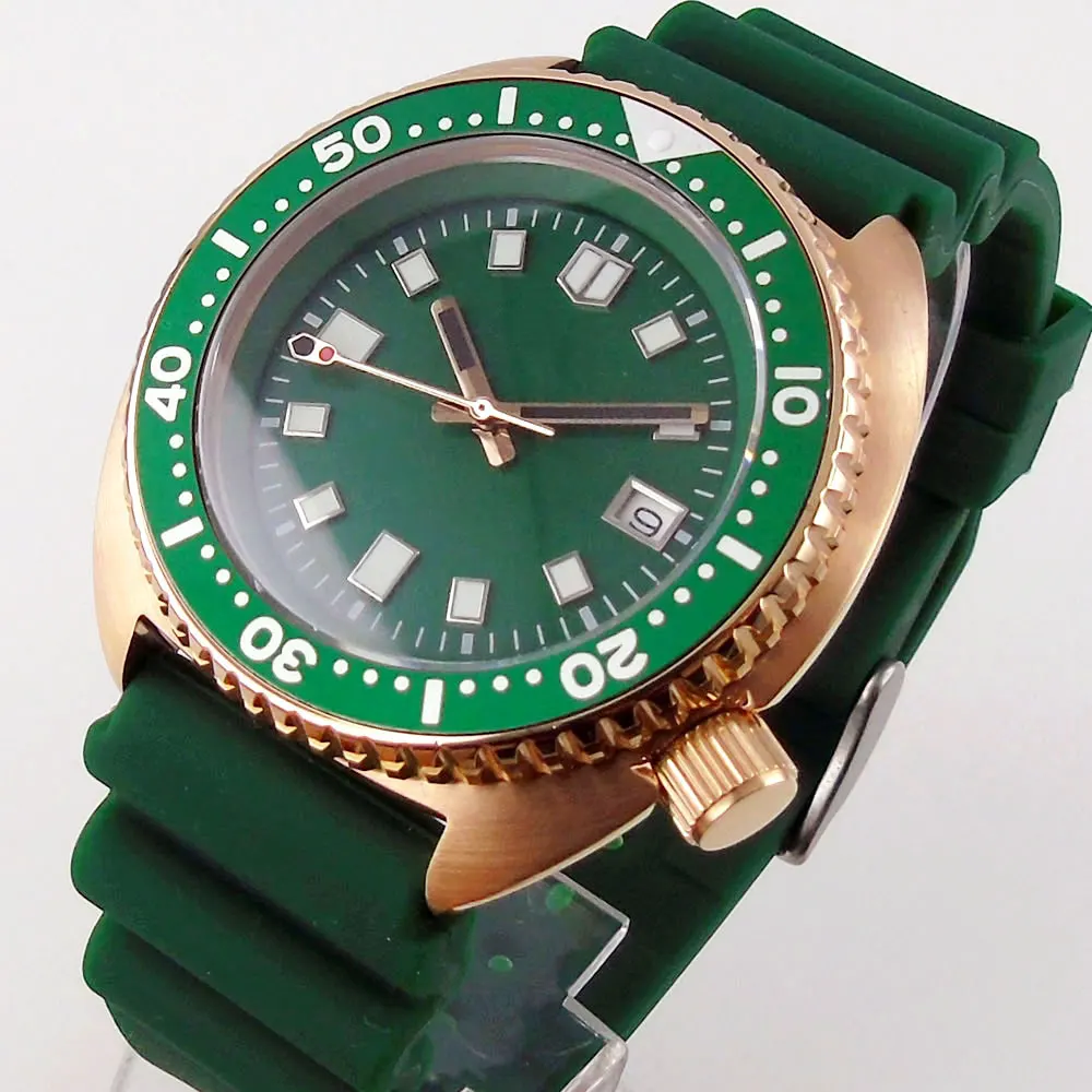 

New 5ATM Waterproof Green Luminous Automatic Mechanical Men Watch Rose Gold Coated Case NH35A Chapter Ring