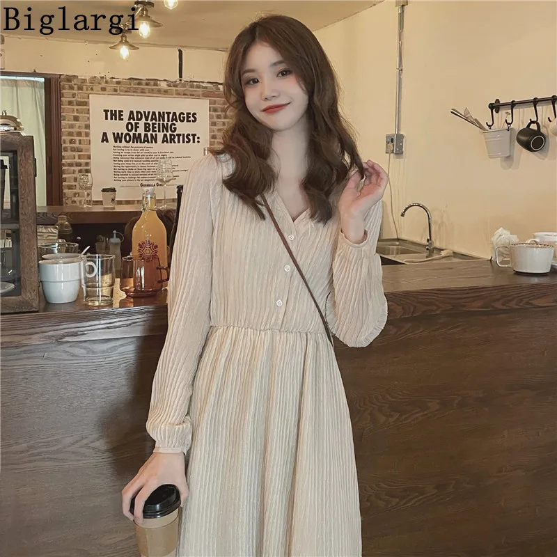 

Spring Midi Chiffon Shirt Dress Women Long-sleeved Pleated V Neck Ladies Dresses Elegant Office Woman Summer Dress Vestidos
