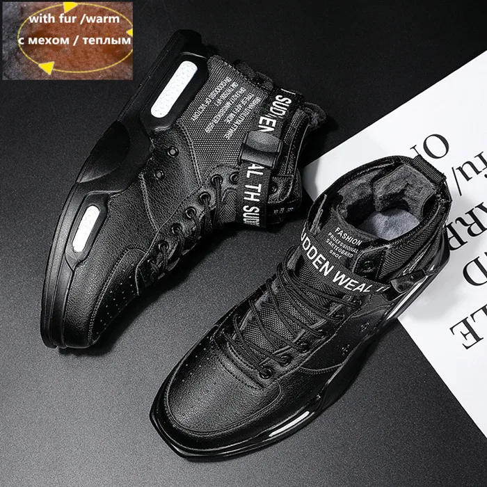Black Winter Fur VSIOVRY/; Зимняя мужская обувь; Теплая Повседневная обувь на меху; высокие удобные мужские кроссовки; модные Прогулочные кроссовки для влюбленных - Цвет: Black Winter Fur
