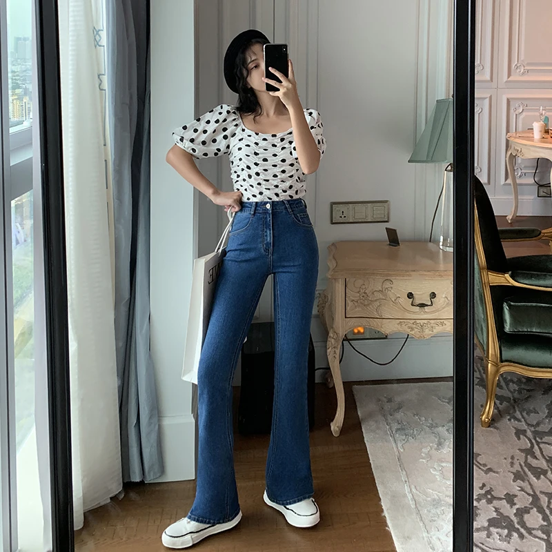 джинсы женские синие расклешенные скинни длинные джинсовые брюки винтажные 2019