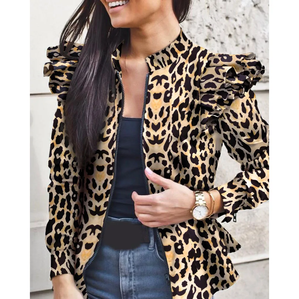 

Autumn and winter hot style long-sleeved ruffle stitching zipper print jacket women