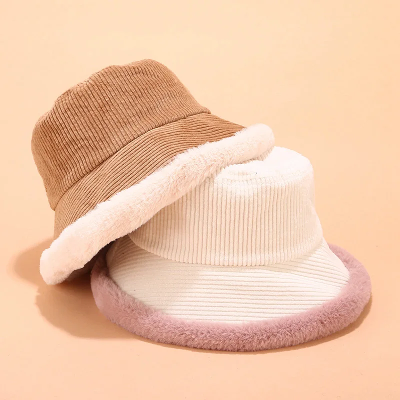 

2021 Autumn Winter Bucket Hats Women Corduroy Panama Hat Thick Warm Plush Fisherman Cap for Girl Crimping Basin Hat Kapelusz