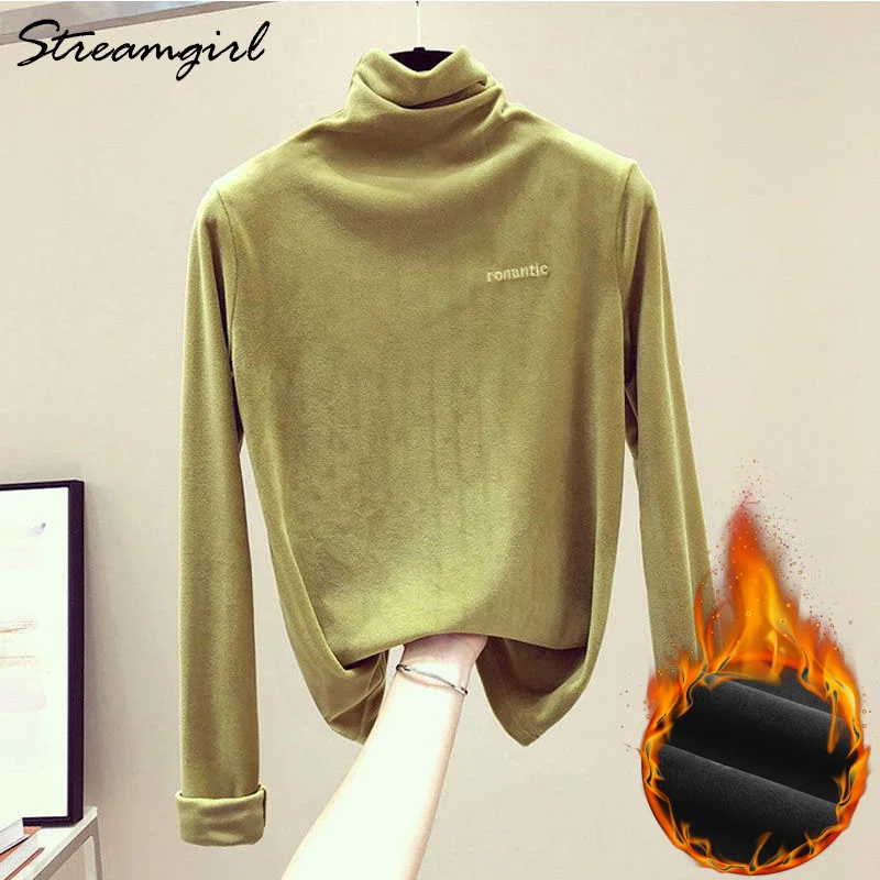 Grass Green Зимняя флисовая рубашка с длинным рукавом, Женская бархатная футболка, водолазка, женская зимняя теплая футболка с длинным рукавом, ФЛИСОВАЯ ФУТБОЛКА - Цвет: Grass Green