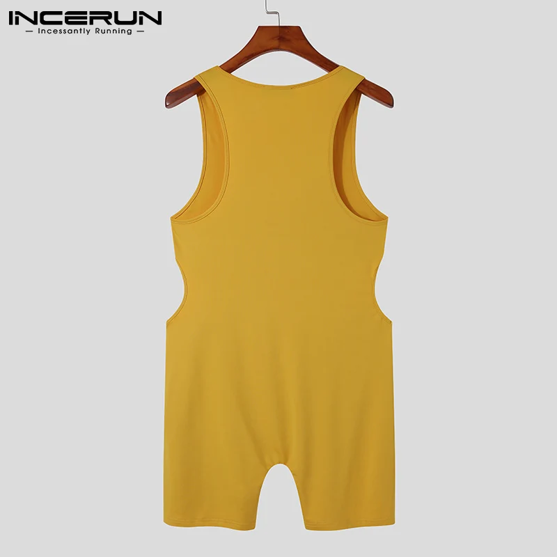 INCERUN Comfortable Homewear Men's Onesies Furnishing Side Hollow Rompers Sexy Leisure Low Collar Hot Sale Jumpsuits 2023 S-5XL