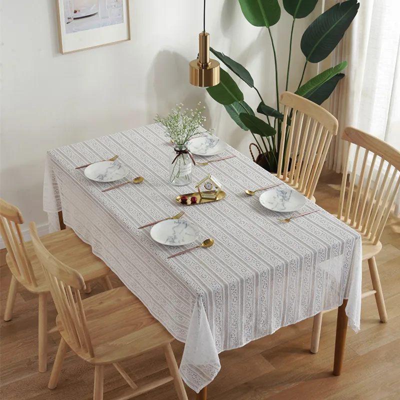 

Proud Rose White Hollow-out Striped Lace Tablecloth Fabric European-Style White Theme Wedding Decoration Tablecloth