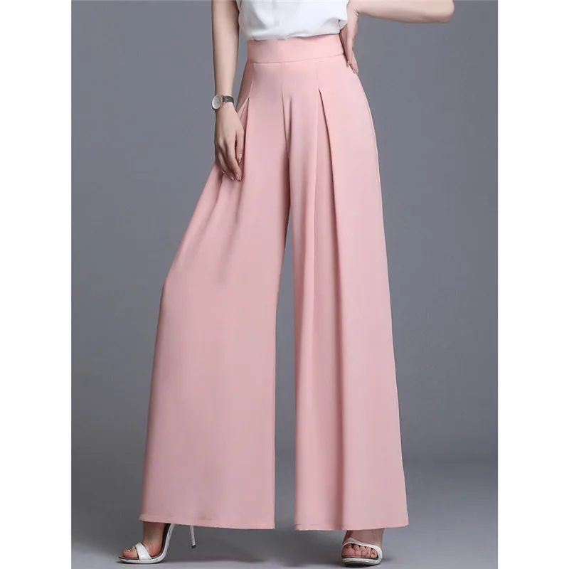 

Ladies Fashion Pants Straight Full Length Womens Wide Leg High Waist Chiffon Pants Summer Thin Trousers Loose Pants B324
