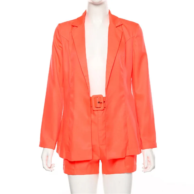 

Womens Office Lady 2 Two Piece Set Sexy Solid Neon Orange Notched Collar Shorts Blazer Suits Jacket Pant Suit NZ2173