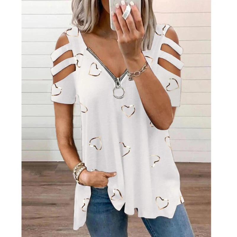 

2021 New Summer European and American Women's Clothing V-neck Zipper Printing Short-sleeved Loose Casual T-shirt Women's Top