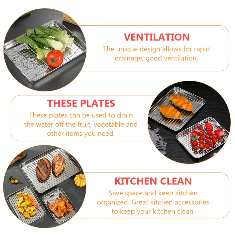 

2Pcs Square Fruit Trays Stainless Steel Drain Plates Drain Dishes (Steel color)