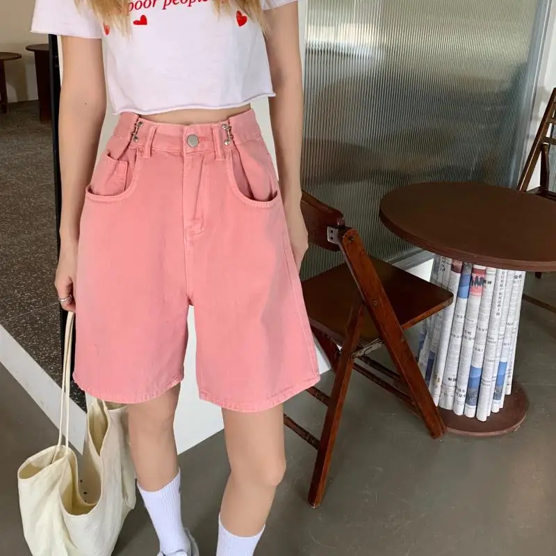 Популярные летние женские джинсовые шорты с завышенной талией розовые для