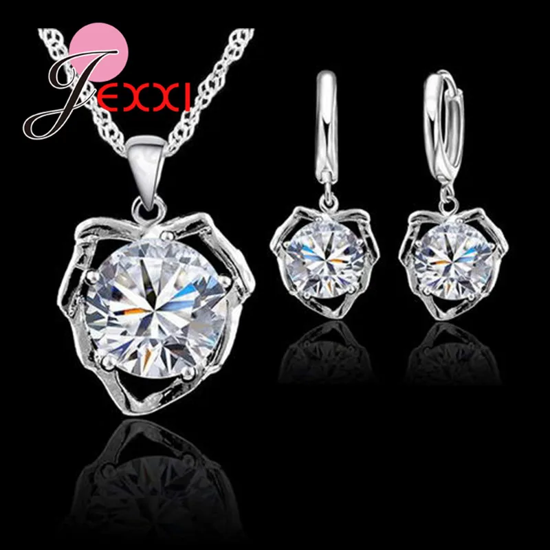 

925 Sterling Silver Dazzling AAAAA Zirconia Flower Fox Cross Pendant Necklace Earrings Jewelry Sets For Women Wedding Party