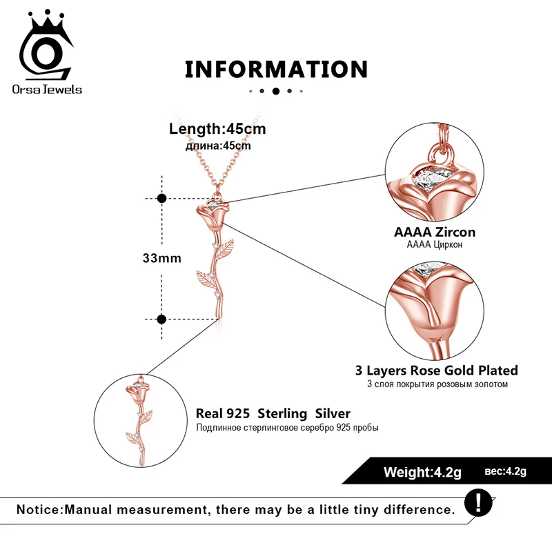 

ORSA JEWELS Real Sterling 925 Silver Necklaces Blooming Rose Shape AAAA Zirconia Romantic Pendant For Female Present SEQN06