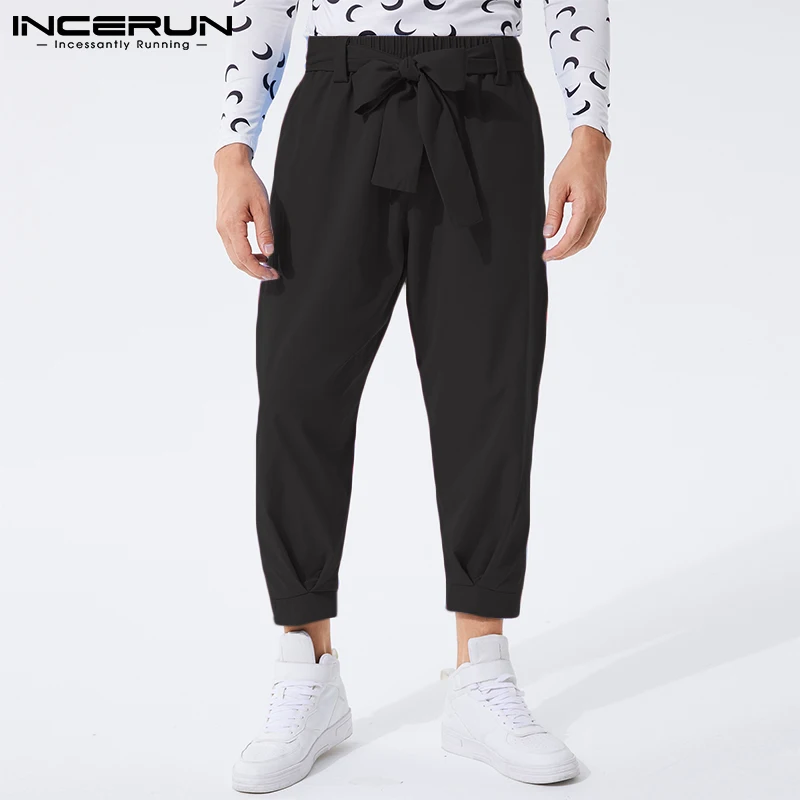 

Fashion Men Casual Pants Solid Color Joggers 2022 Lace Up Trousers Streetwear Baggy Leisure Pantalon With Belt S-5XL INCERUN 7