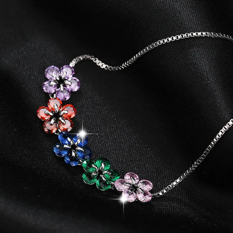 

Trendy Female Crystal Flower Bracelet Rose Gold Silver Color Bracelets For Women Cute Rainbow Zircon Stone Party Chain Bracelet