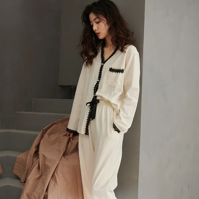 

Пижама из чистого хлопка весна-осень 2021 Милая Женская Студенческая модная повседневная домашняя одежда из двух частей на пуговицах