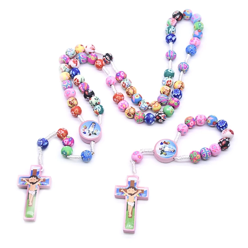 

Rosary Necklace Catholic Rose Polymer Clay Beads Religion Long Chain Children Jewelry