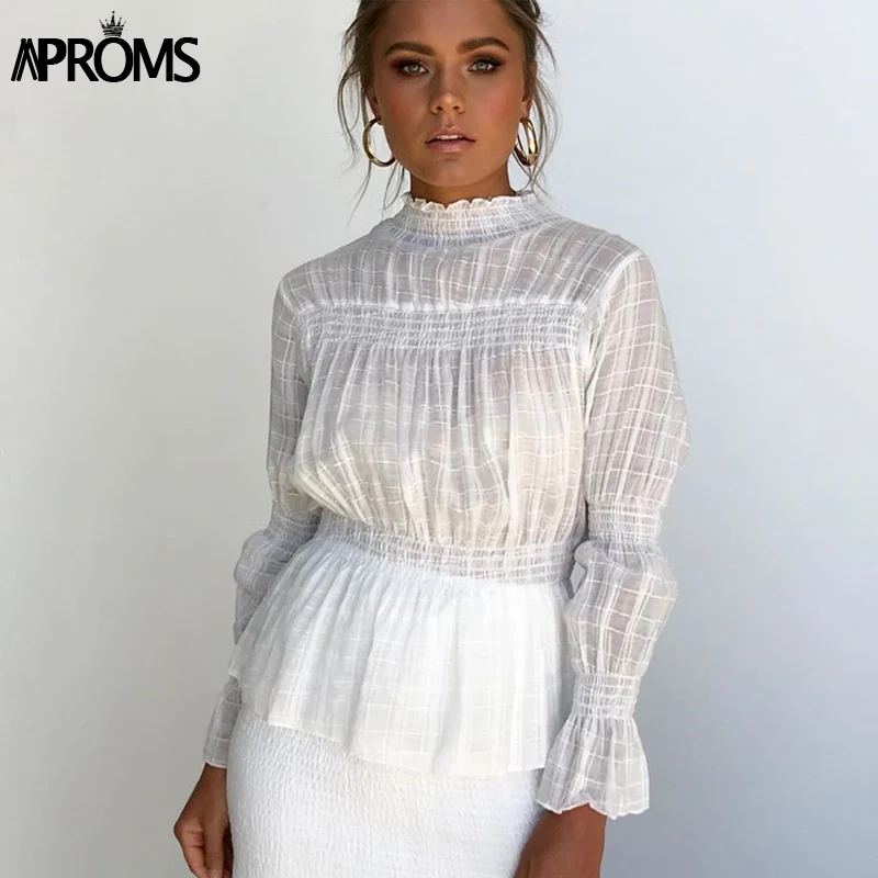 Новый элегантный высокий воротник клетчатая блузка рубашка для женщин