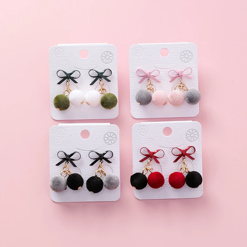 Милые металлические серьги капельки женские с пушистым шариком милым бантом