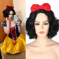 FGY Ladies Black Short Curly Cosplay Synthetic Wig Snow White Princess Halloween Costume Party Wig + Headband Red Bow + Wig Cap
