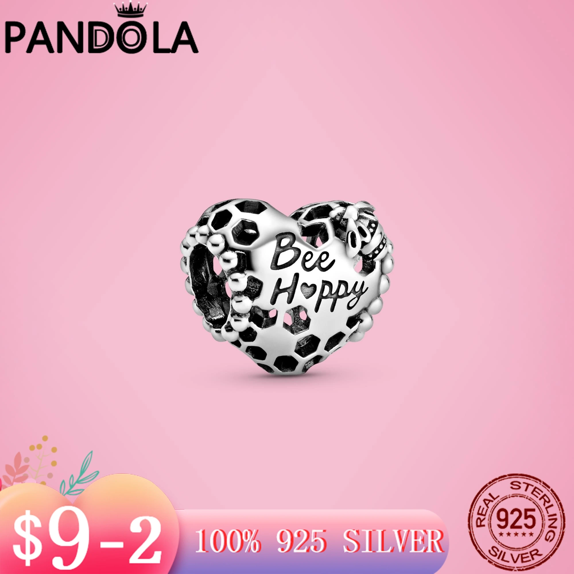 

925 Sterling Silver Bee Happy Honeycomb Heart Charms Beads fit Original Pandora Charms Bracelet Bangle Jewelry Making DIY Gift