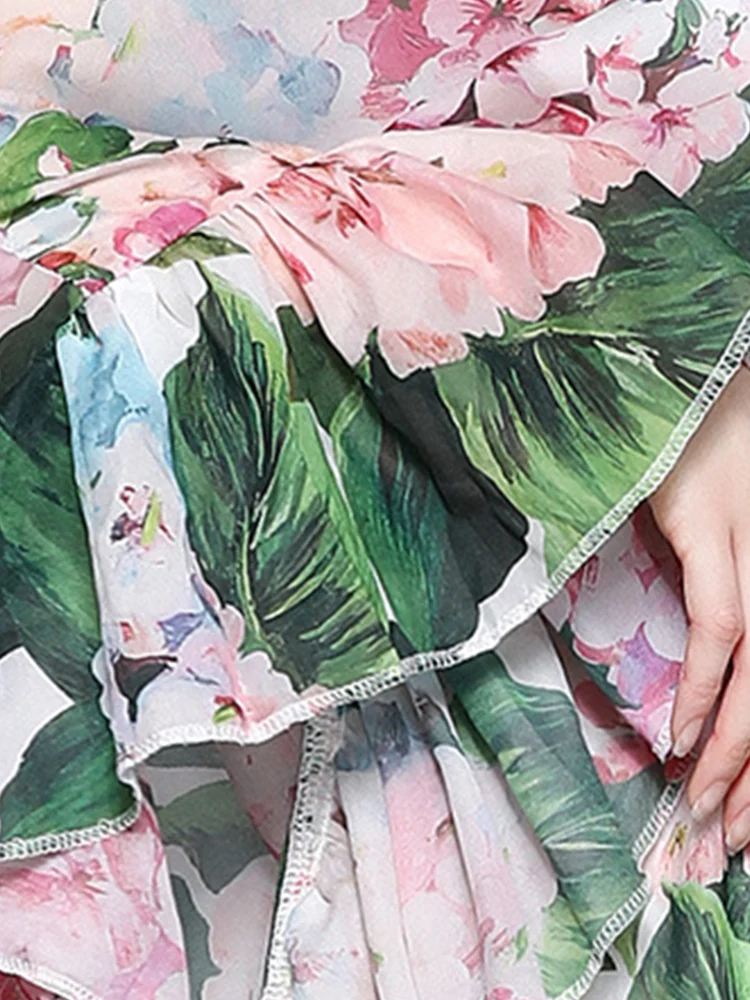 

021 summer new style holiday style elegant ladies long dress lotus leaf lace one-shoulder lace loose printed dress