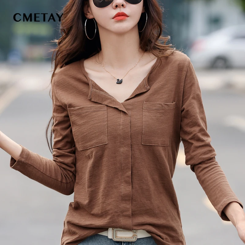 

Spring Autumn Oversized t-shirt Casual Female Clothing 2021 New Loose Retro Long Sleeved Y2k V-neck Pocket Fashion Top Tee Shirt