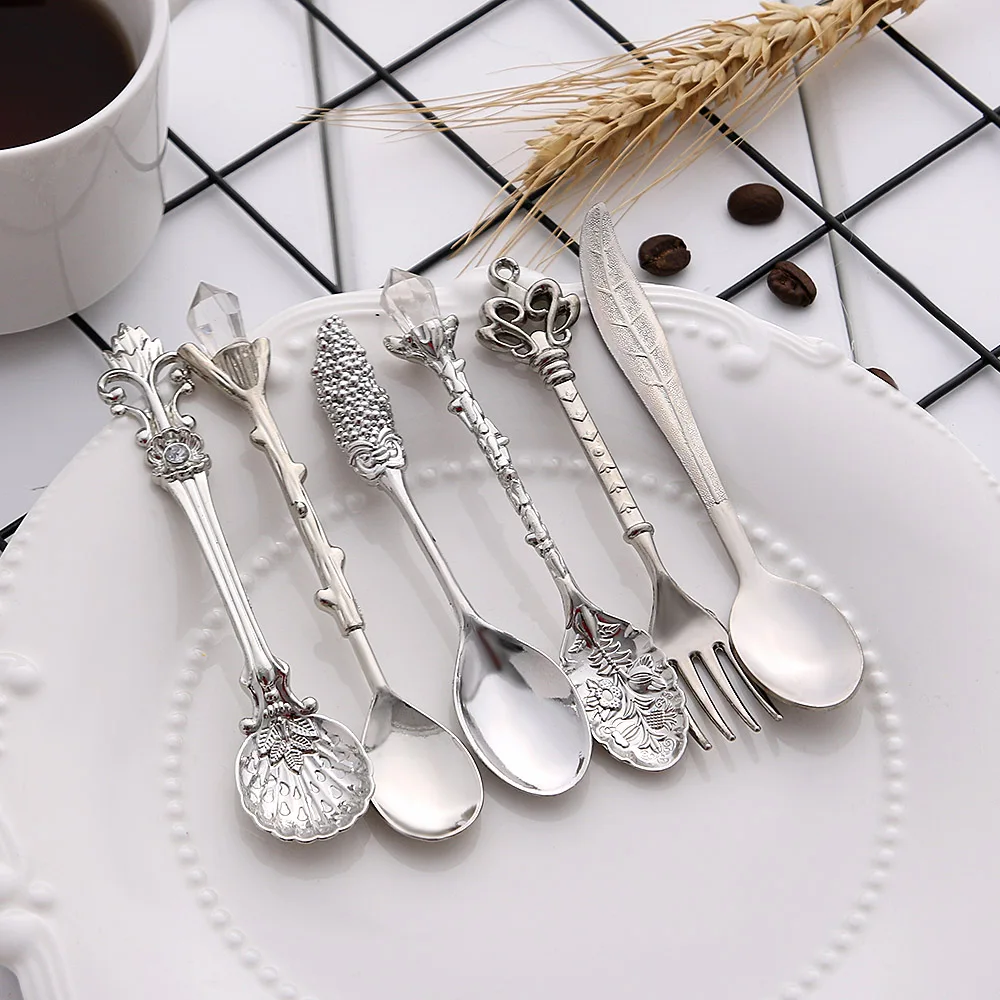 6 шт. Мини винтажные ложки вилка Королевский стиль металлические резные кофейные