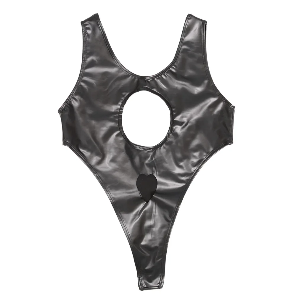 

Sexy Women Latex Hollow Out Bodysuit Blackless High Cut Catsuit One Piece Thong Sexy Tight T-Crotch Swimsuit Sukumizu Leotard