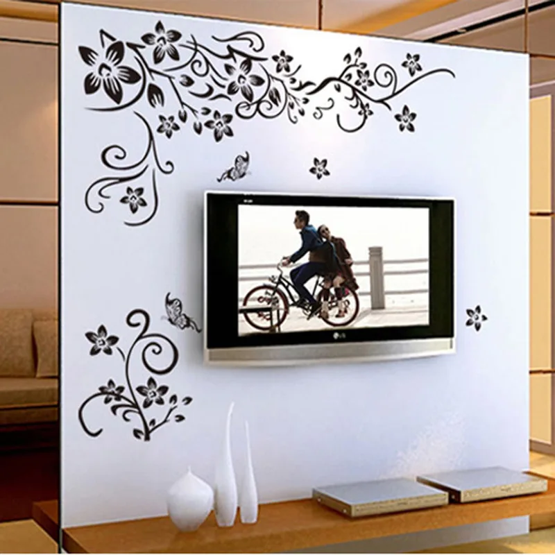 Украшение для телевизора в виде черных цветов лозы красивые наклейки на стену
