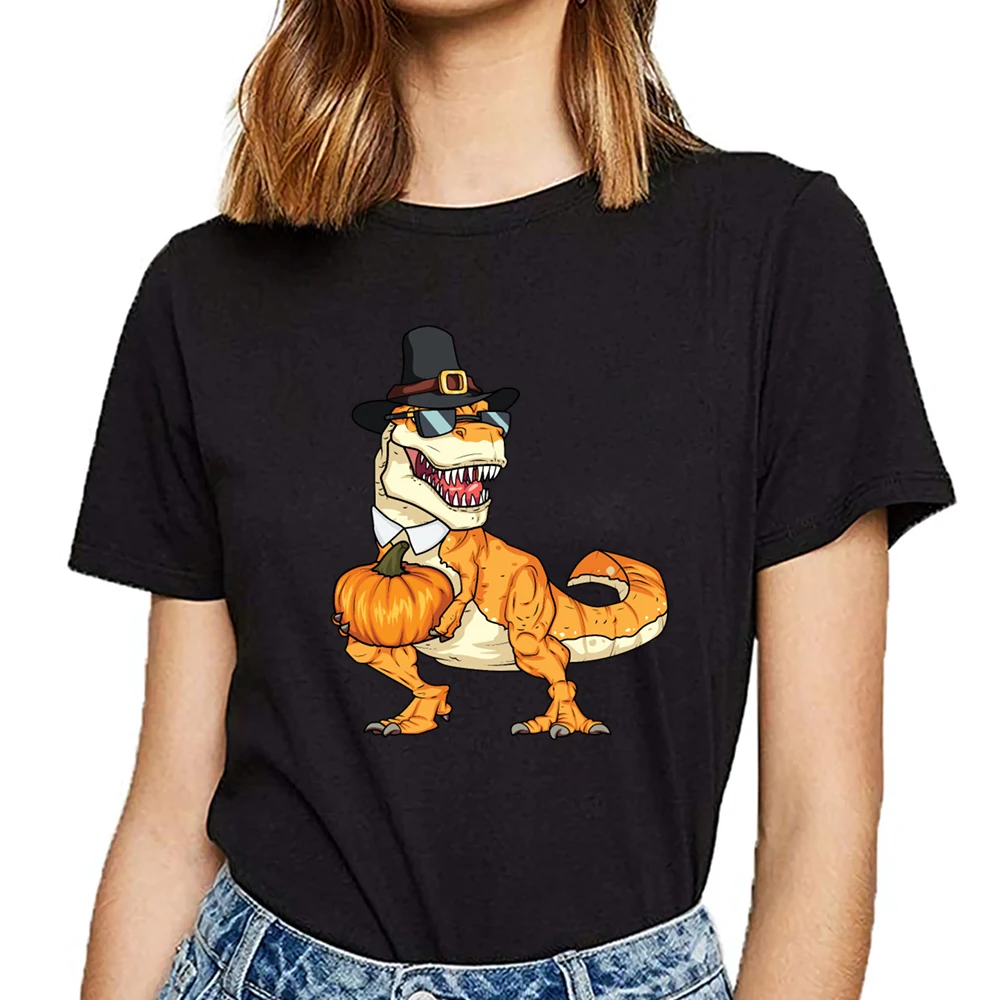 

Tops T Shirt Women thanksgiving dinosaur Design Black Custom Female Tshirt